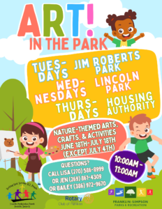 Flyer for Art in the Park, a summer art program from 10-11am Tuesday, Wednesday, and Thursday from June 18th to July 18th 2024. Tuesdays Jim Roberts Park, Wednesdays Lincoln Park, Thursdays Housing Authority, Franklin, KY